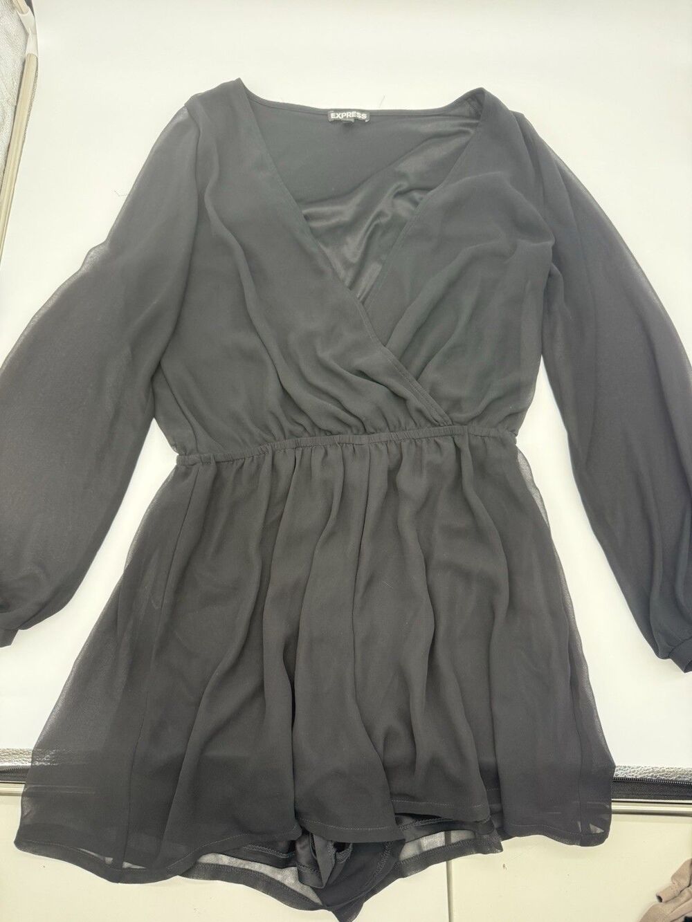 Express black chiffon short ROMPER WITH sheer long Sleeves/ wrapped- M size